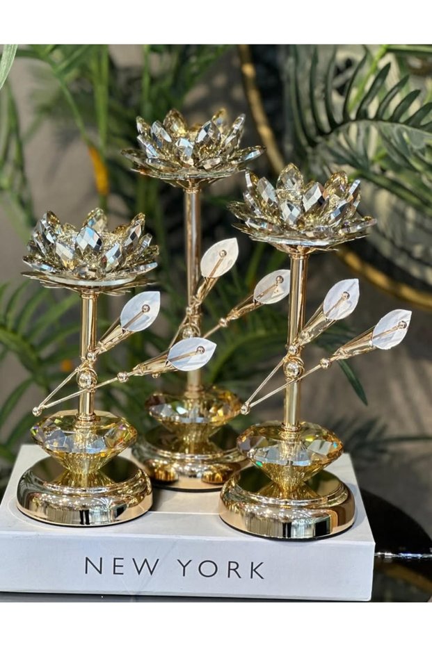 Çiçek Detaylı Kristal Lotus Mumluk Gold