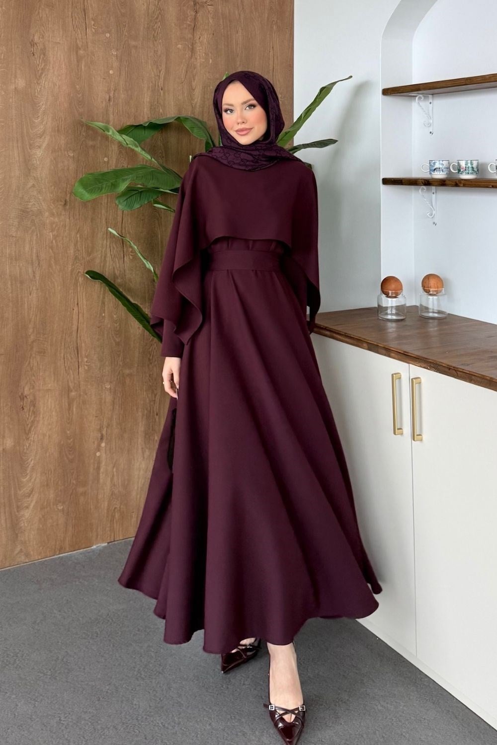 Double Pelerin Elbise Bordo