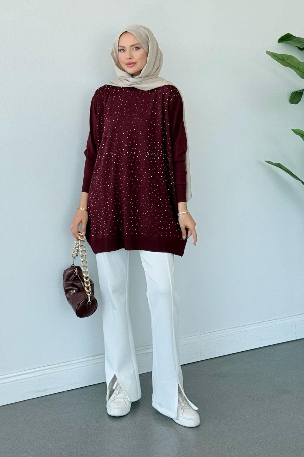 Merserize Taşlı Tunik Bordo
