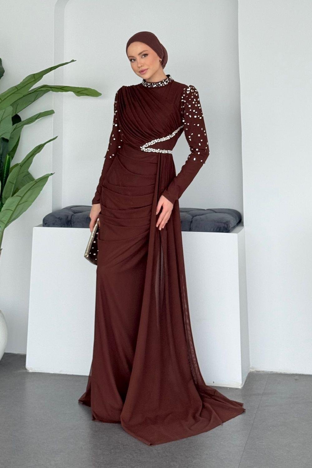 Ava Kolları Taşlı Abiye Kahverengi